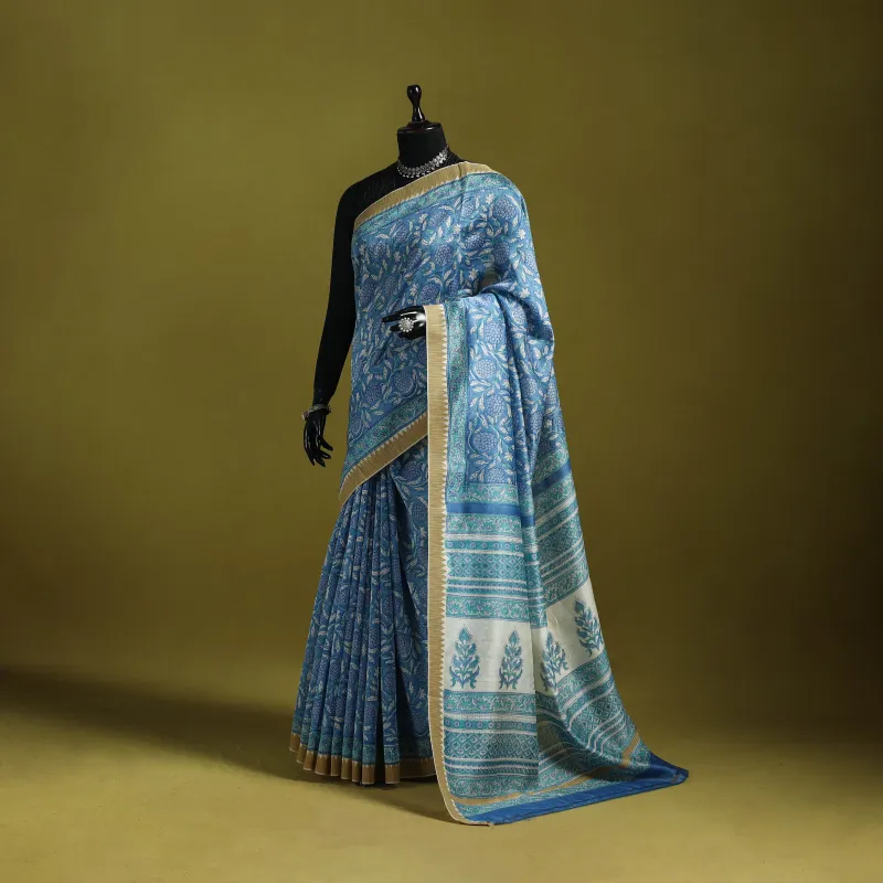 Blue - Chanderi Silk Hand Block Print Sanganeri Saree with Ghicha Border 26 sold by Itokri