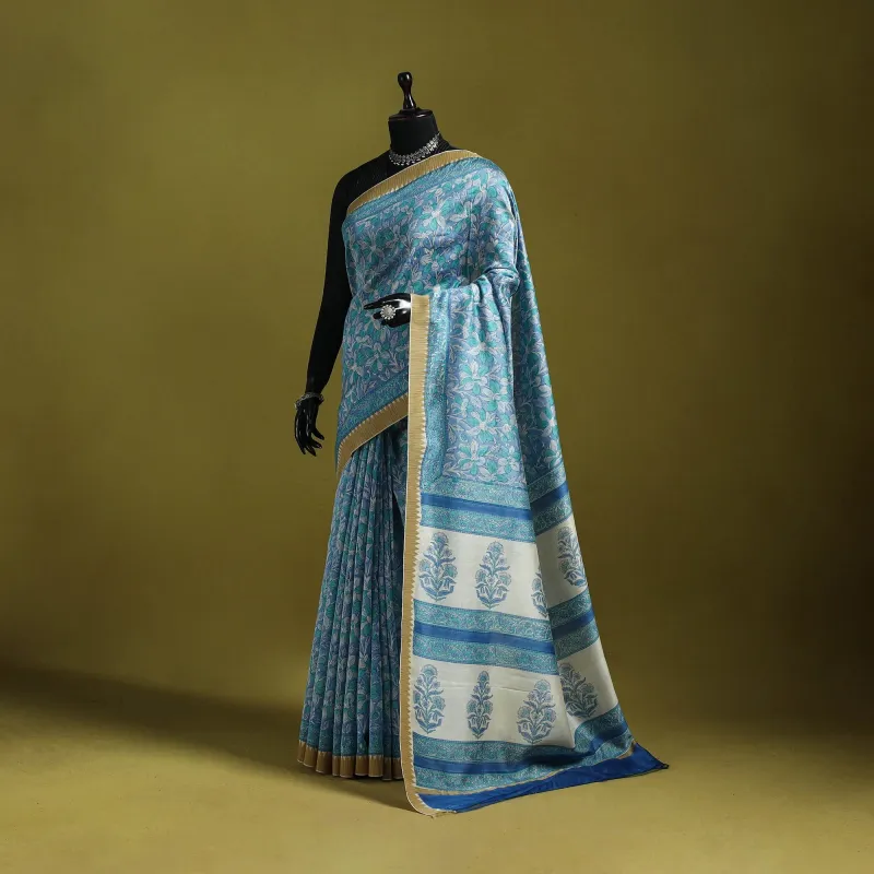 Blue - Chanderi Silk Hand Block Print Sanganeri Saree with Ghicha Border 24 sold by Itokri