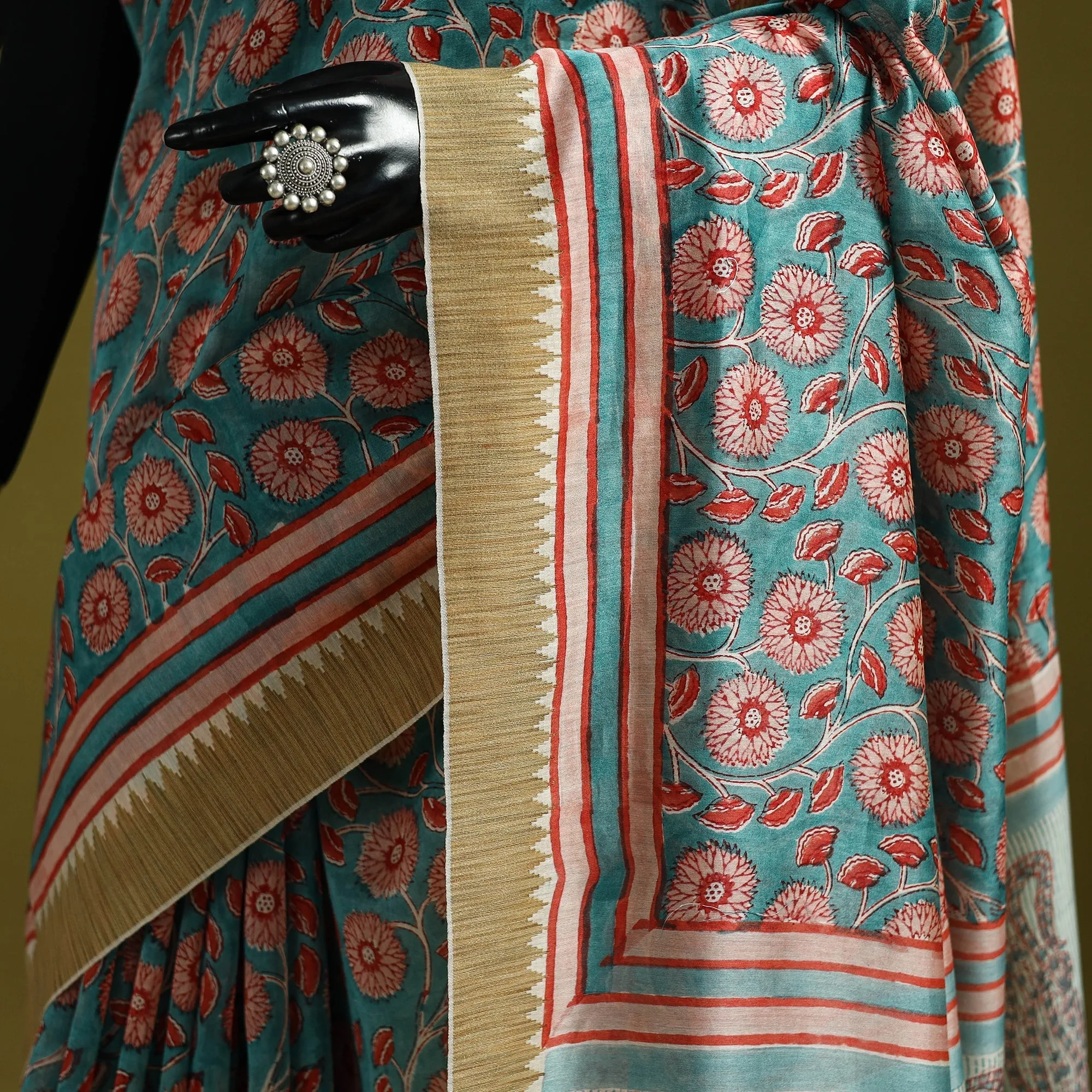 Blue - Chanderi Silk Hand Block Print Sanganeri Saree with Ghicha Border 20 sold by Itokri product image thumbnail 3