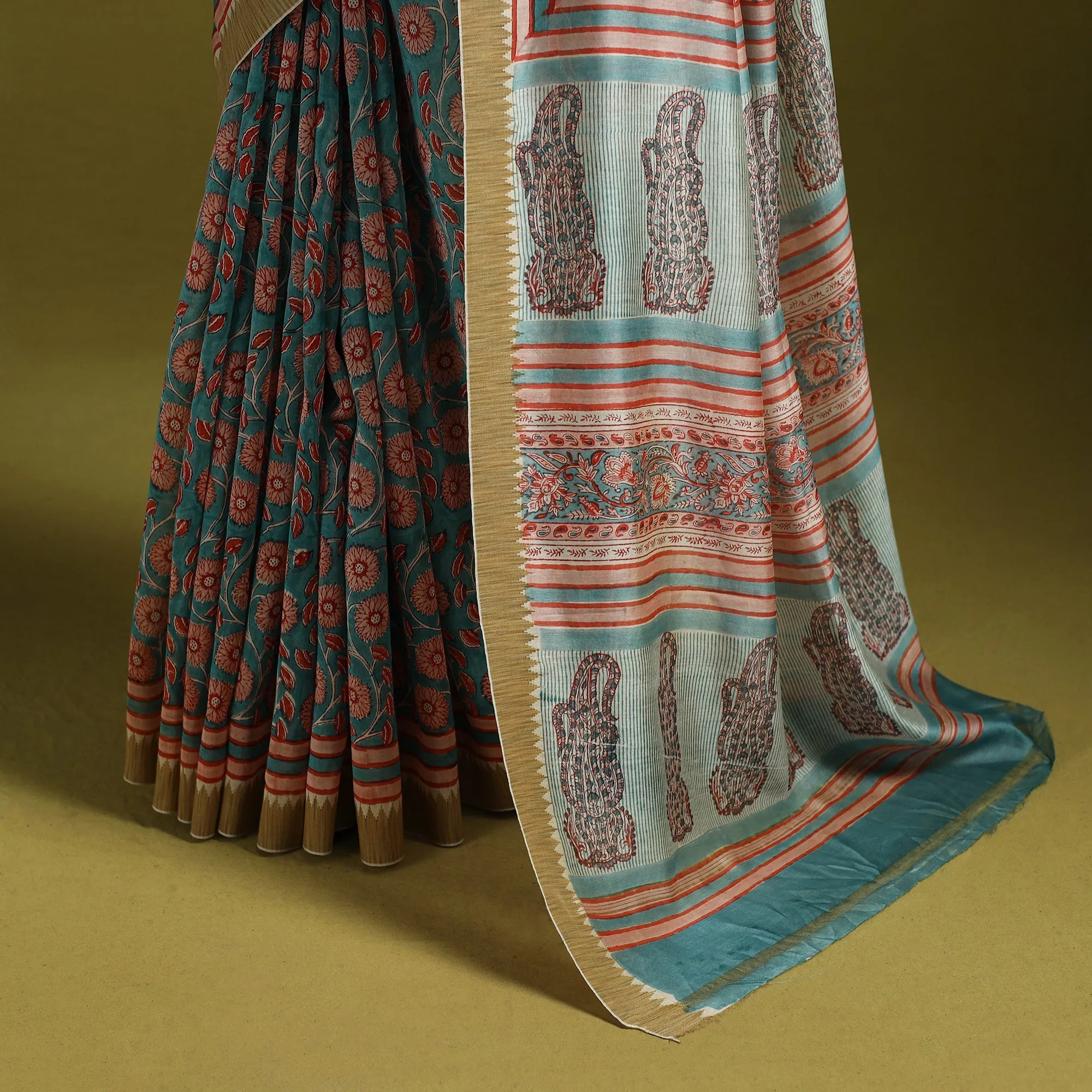 Blue - Chanderi Silk Hand Block Print Sanganeri Saree with Ghicha Border 20 sold by Itokri product image thumbnail 4