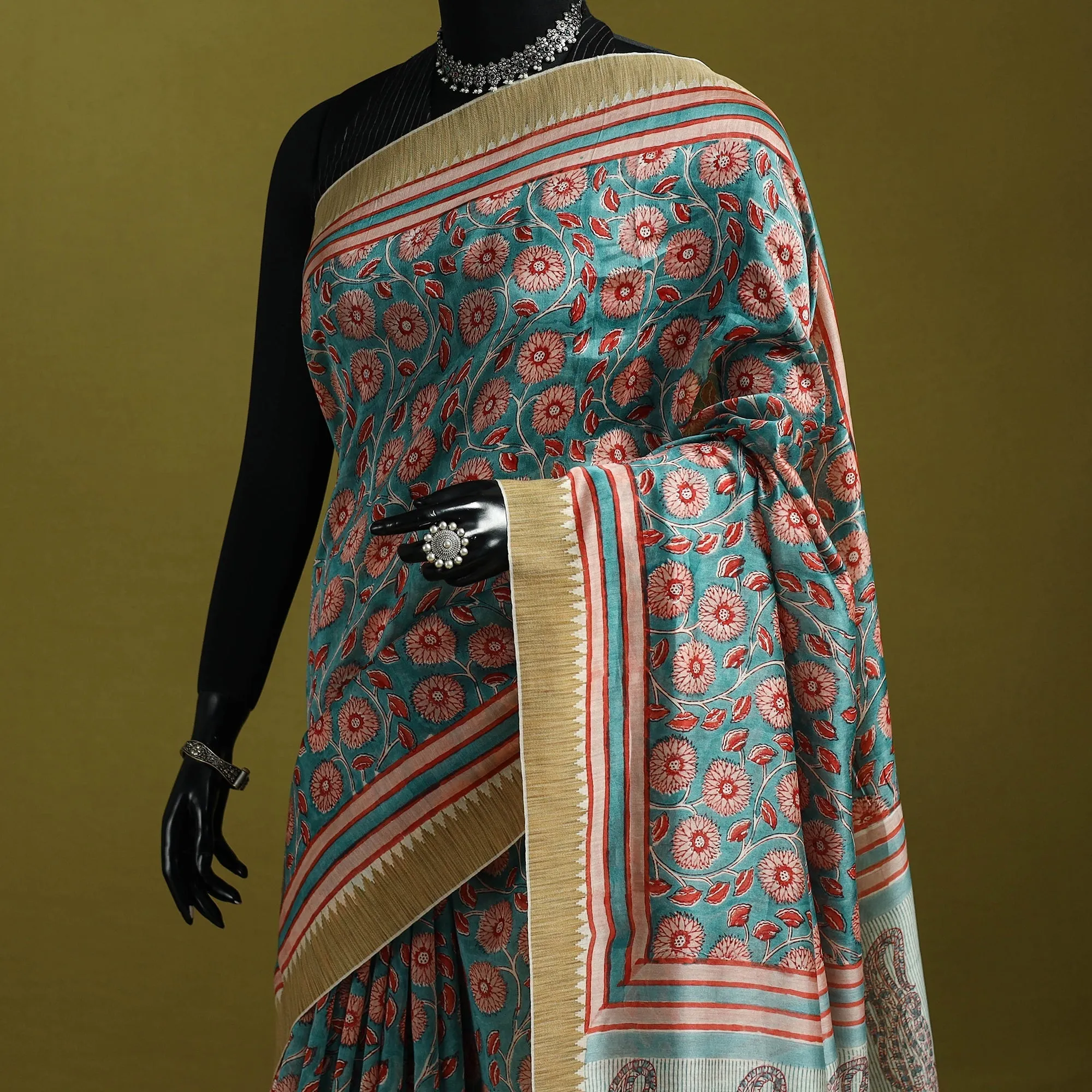 Blue - Chanderi Silk Hand Block Print Sanganeri Saree with Ghicha Border 20 sold by Itokri product image thumbnail 2