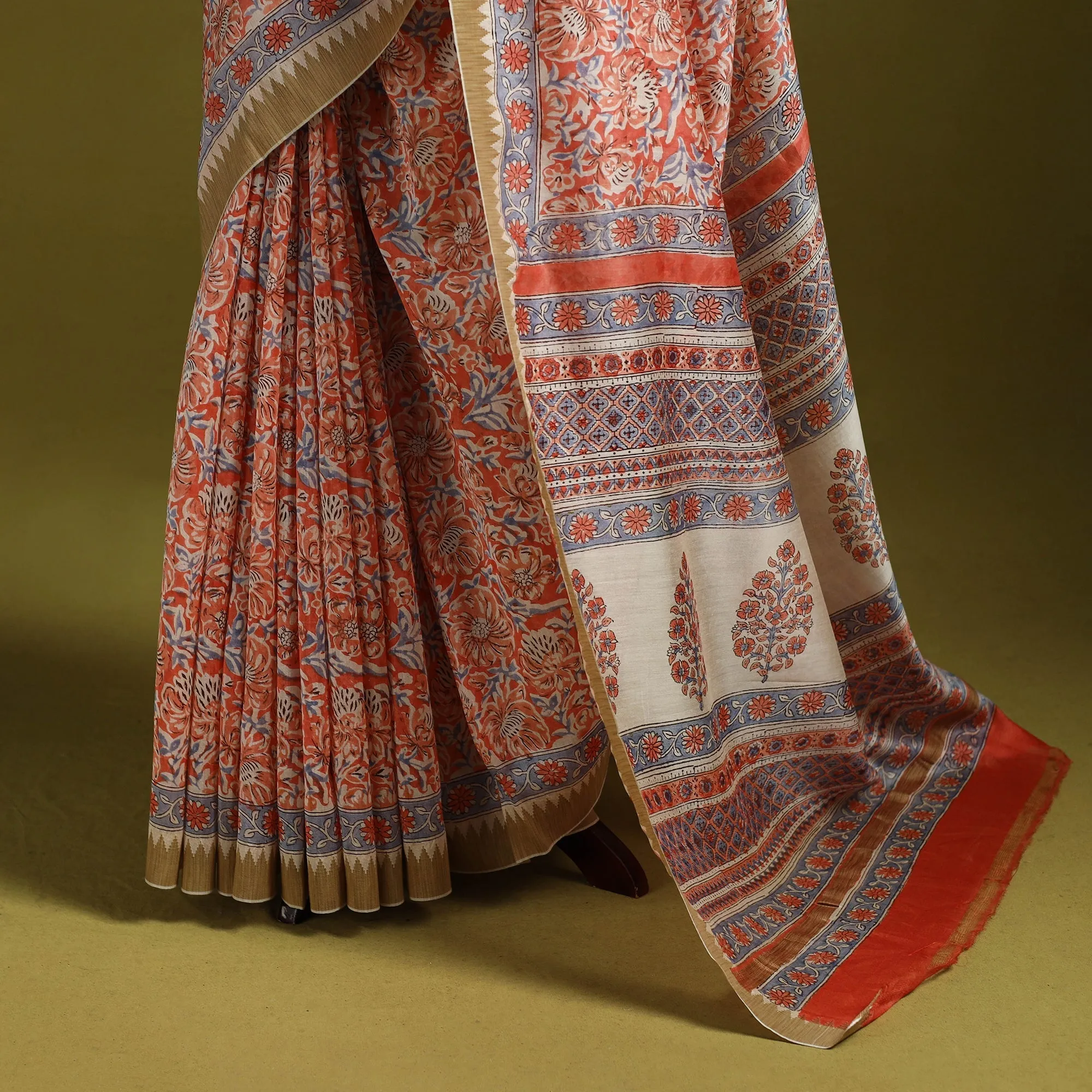 Orange - Chanderi Silk Hand Block Print Sanganeri Saree with Ghicha Border 15 sold by Itokri product image thumbnail 4