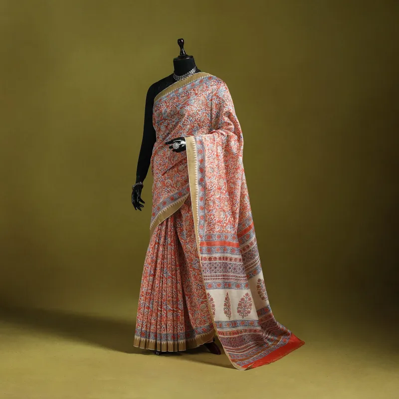 Orange - Chanderi Silk Hand Block Print Sanganeri Saree with Ghicha Border 15 sold by Itokri