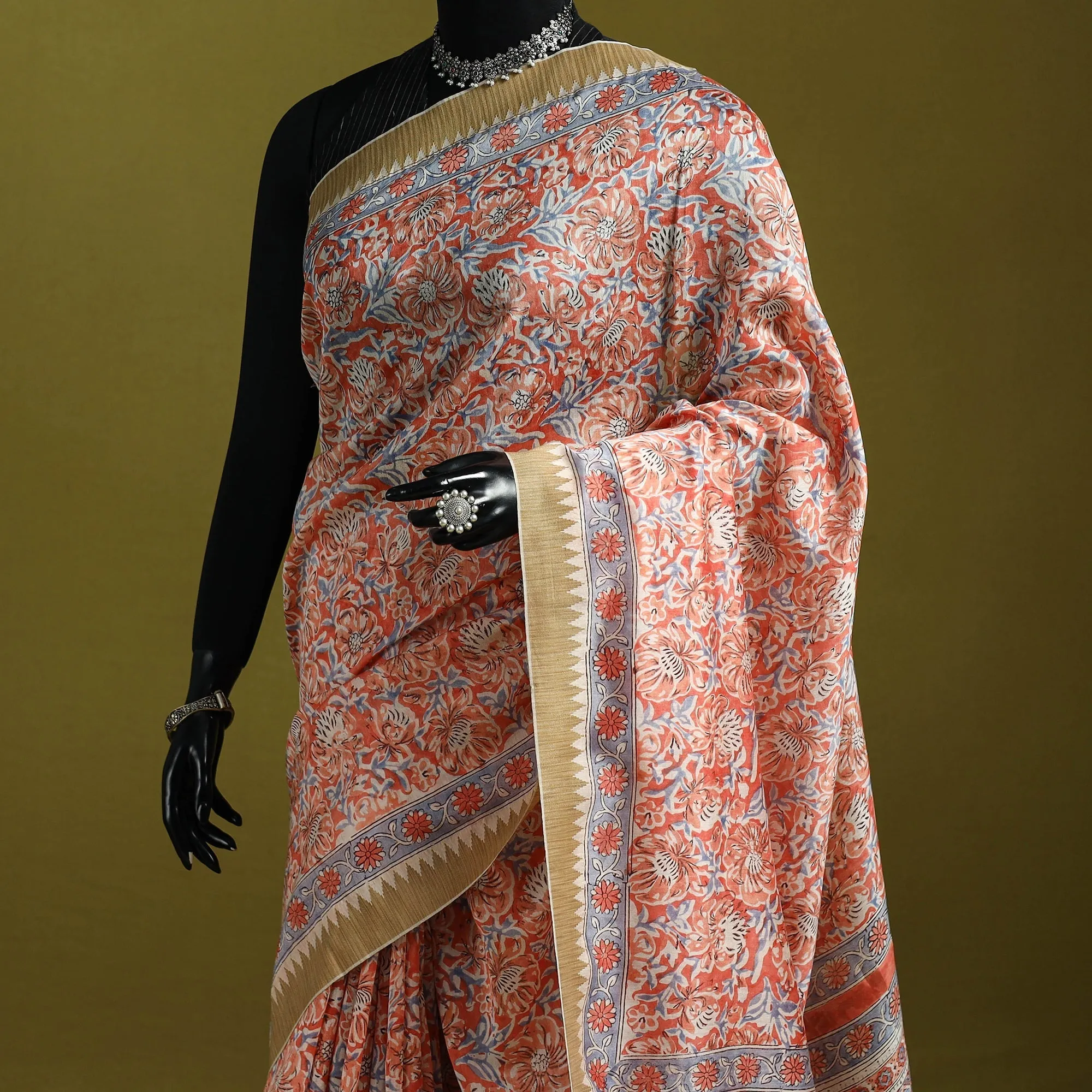 Orange - Chanderi Silk Hand Block Print Sanganeri Saree with Ghicha Border 15 sold by Itokri product image thumbnail 2