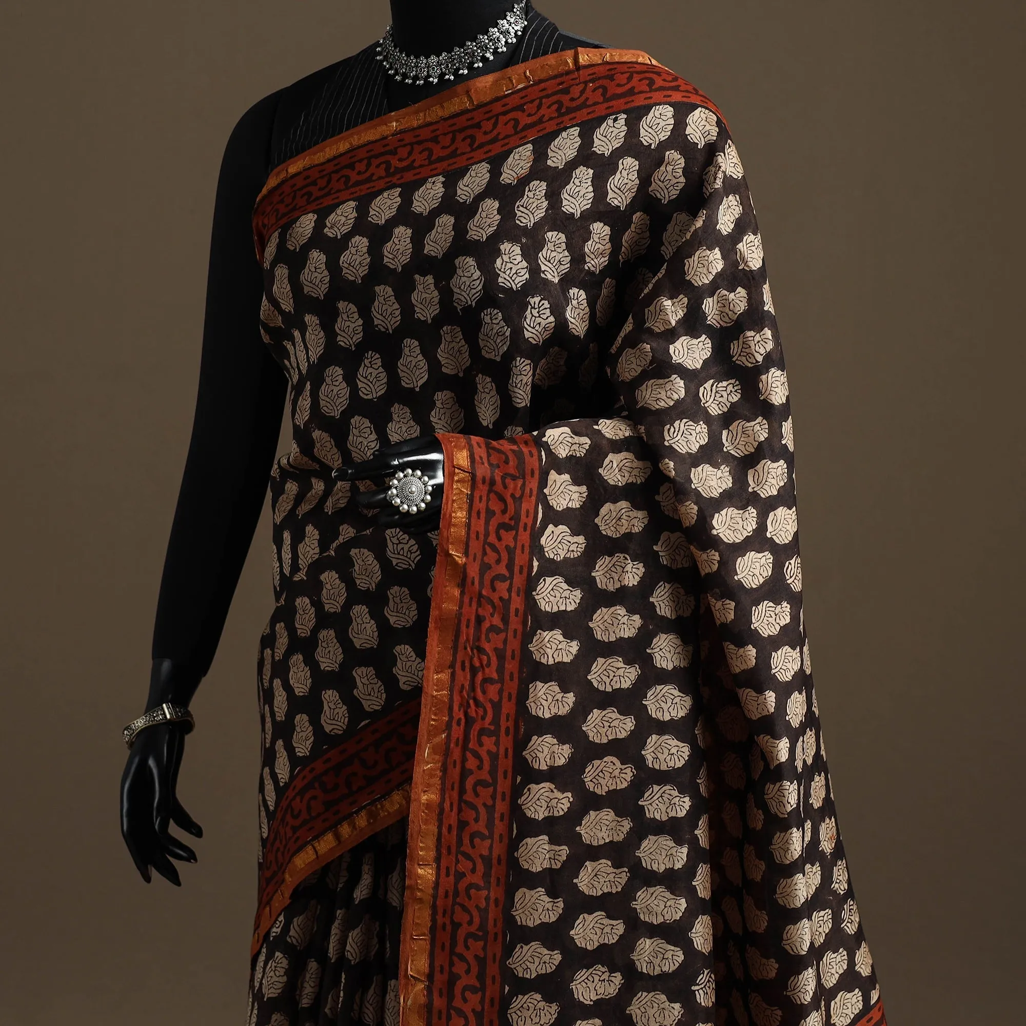 Black - Chanderi Silk Hand Block Print Bagru Saree with Zari Border 12 sold by Itokri product image thumbnail 2