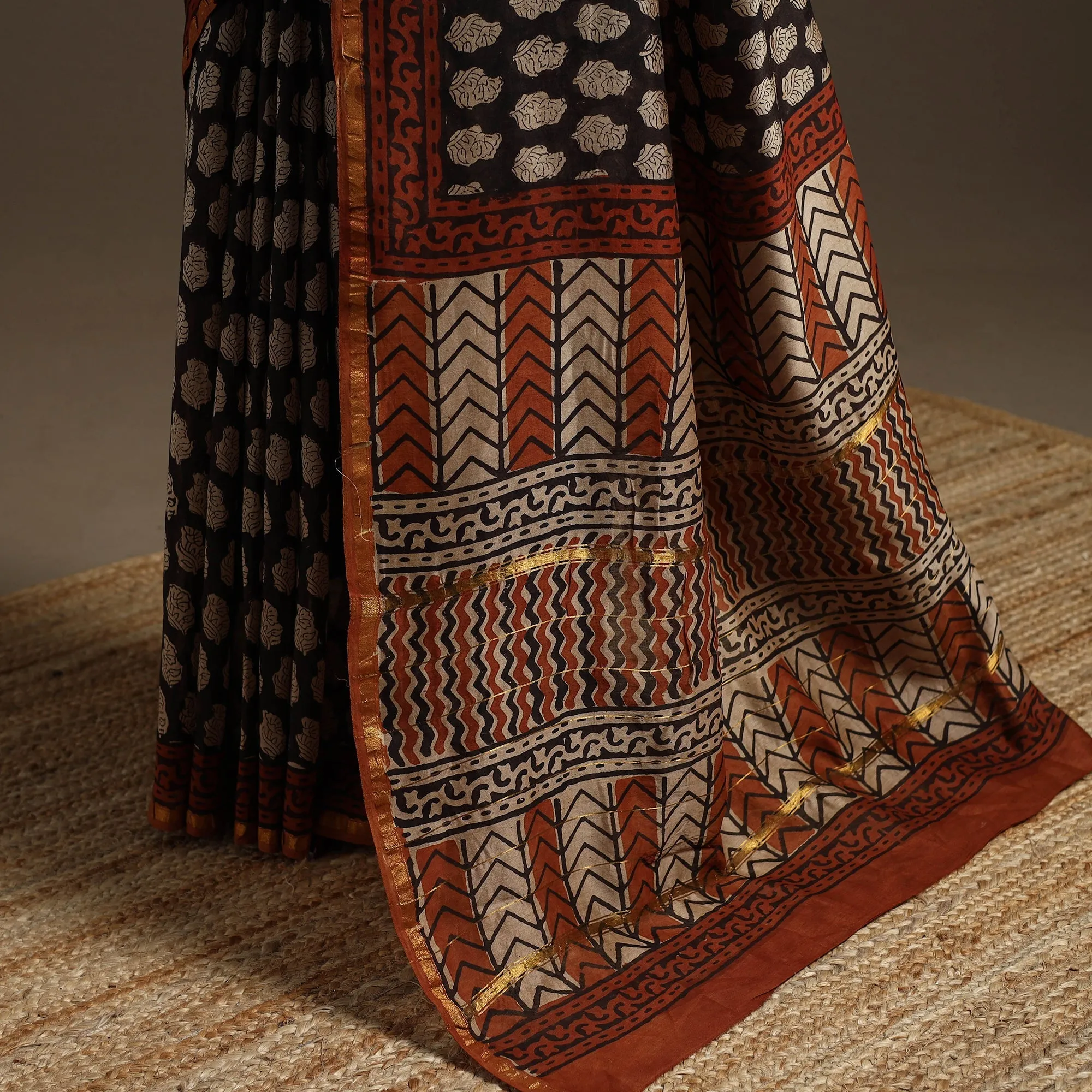 Black - Chanderi Silk Hand Block Print Bagru Saree with Zari Border 12 sold by Itokri product image thumbnail 4