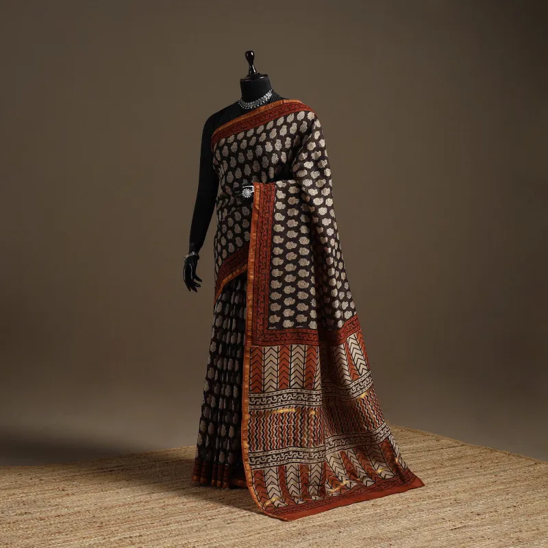 Black - Chanderi Silk Hand Block Print Bagru Saree with Zari Border 12 sold by Itokri