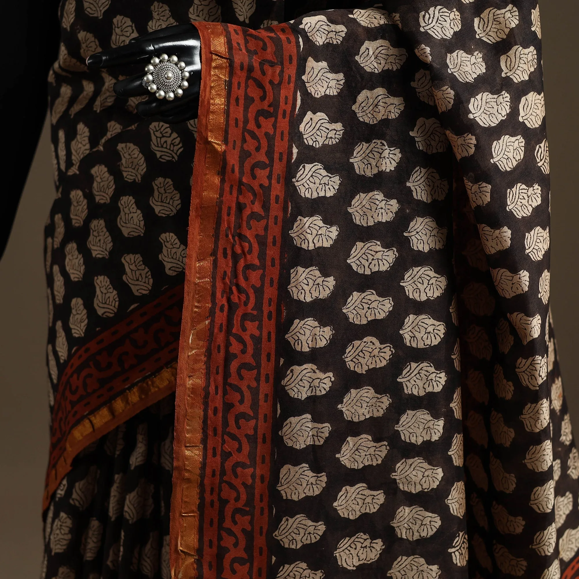 Black - Chanderi Silk Hand Block Print Bagru Saree with Zari Border 12 sold by Itokri product image thumbnail 3