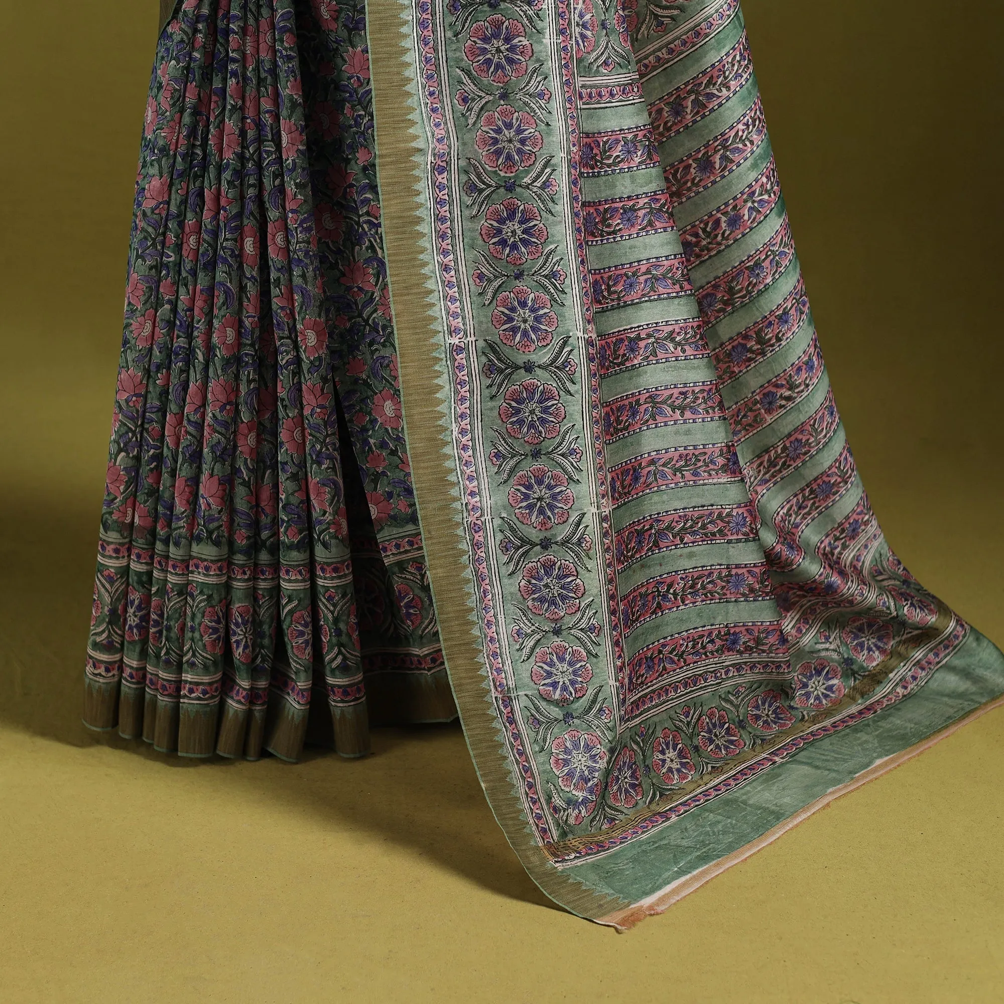 Green - Chanderi Silk Hand Block Print Sanganeri Saree with Ghicha Border 12 sold by Itokri product image thumbnail 4