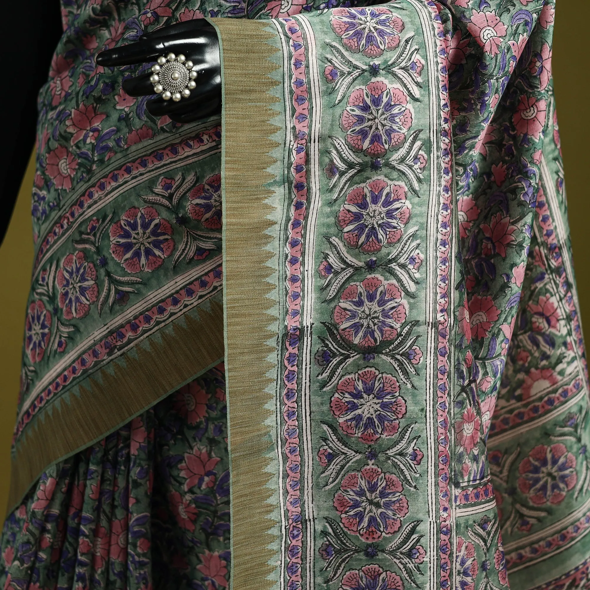 Green - Chanderi Silk Hand Block Print Sanganeri Saree with Ghicha Border 12 sold by Itokri product image thumbnail 3