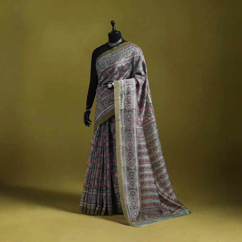 Green - Chanderi Silk Hand Block Print Sanganeri Saree with Ghicha Border 12 sold by Itokri