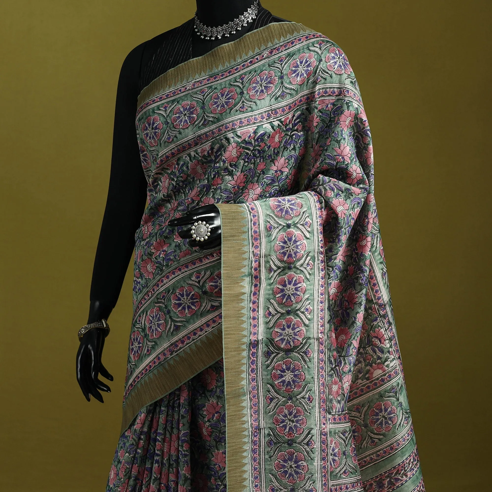 Green - Chanderi Silk Hand Block Print Sanganeri Saree with Ghicha Border 12 sold by Itokri product image thumbnail 2