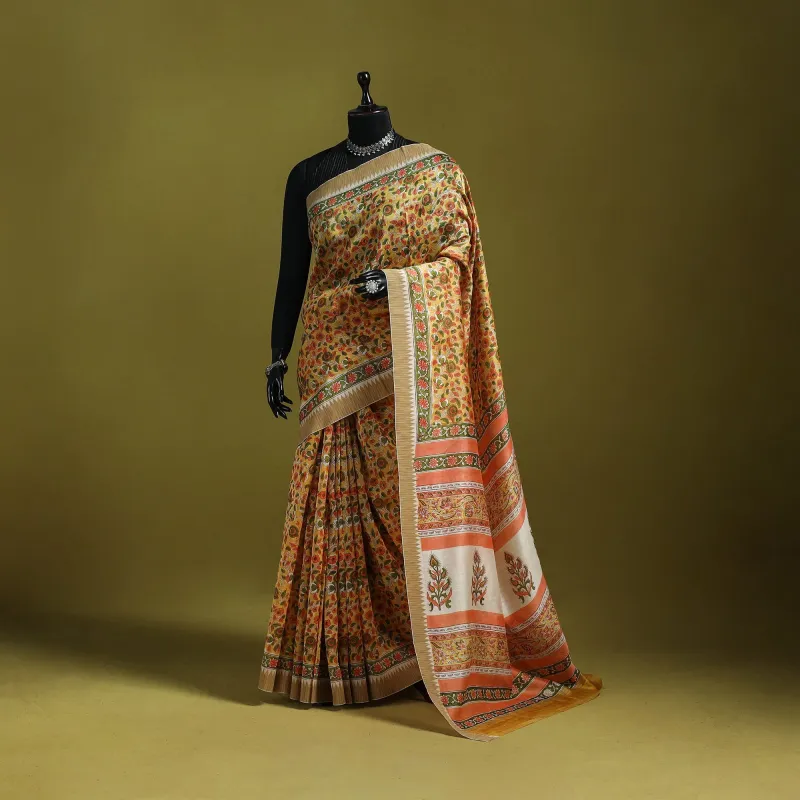Yellow - Chanderi Silk Hand Block Print Sanganeri Saree with Ghicha Border 14 made by Itokri