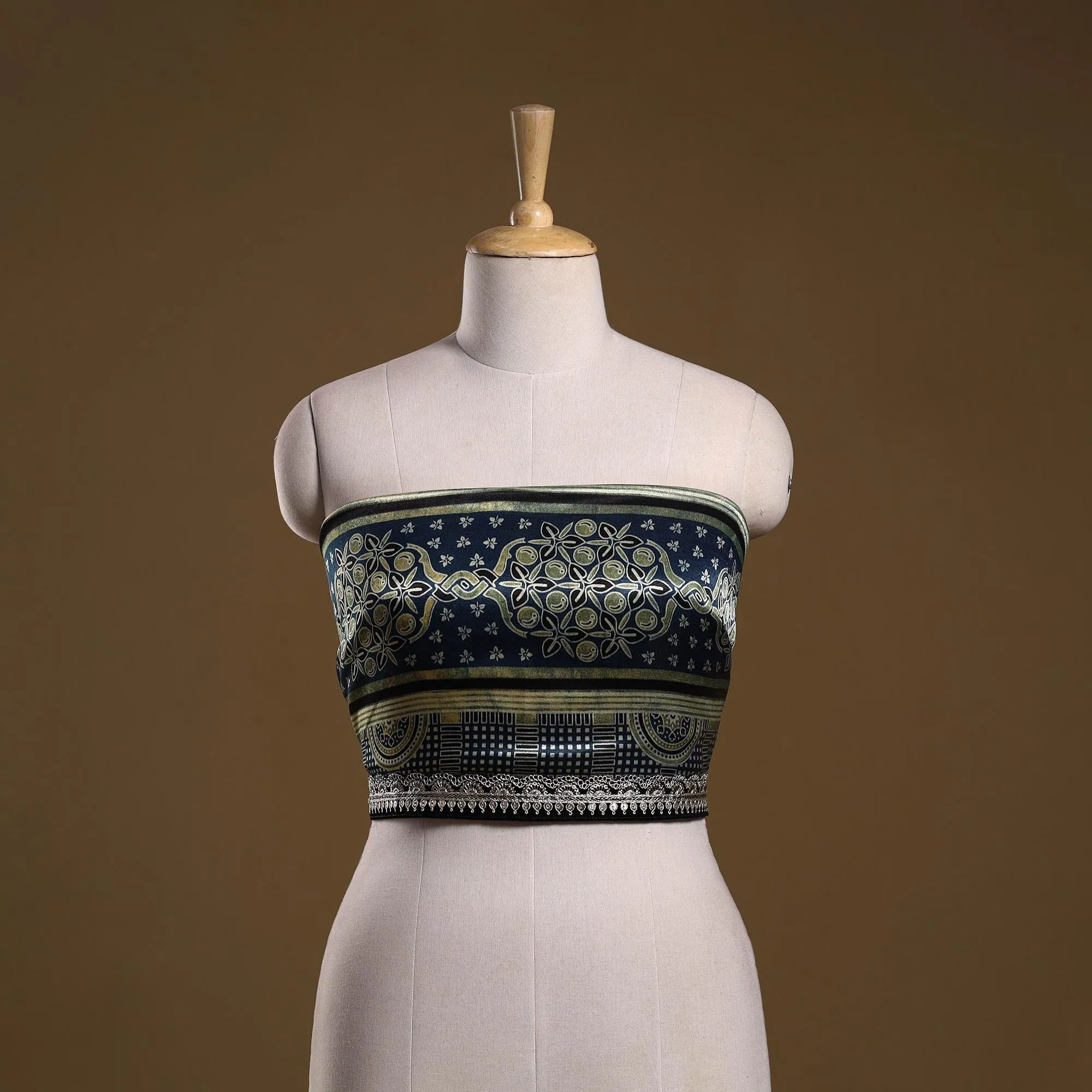 Blue - Ajrakh Block Printed Modal Silk Blouse Piece with Lace Work 29 sold by Itokri