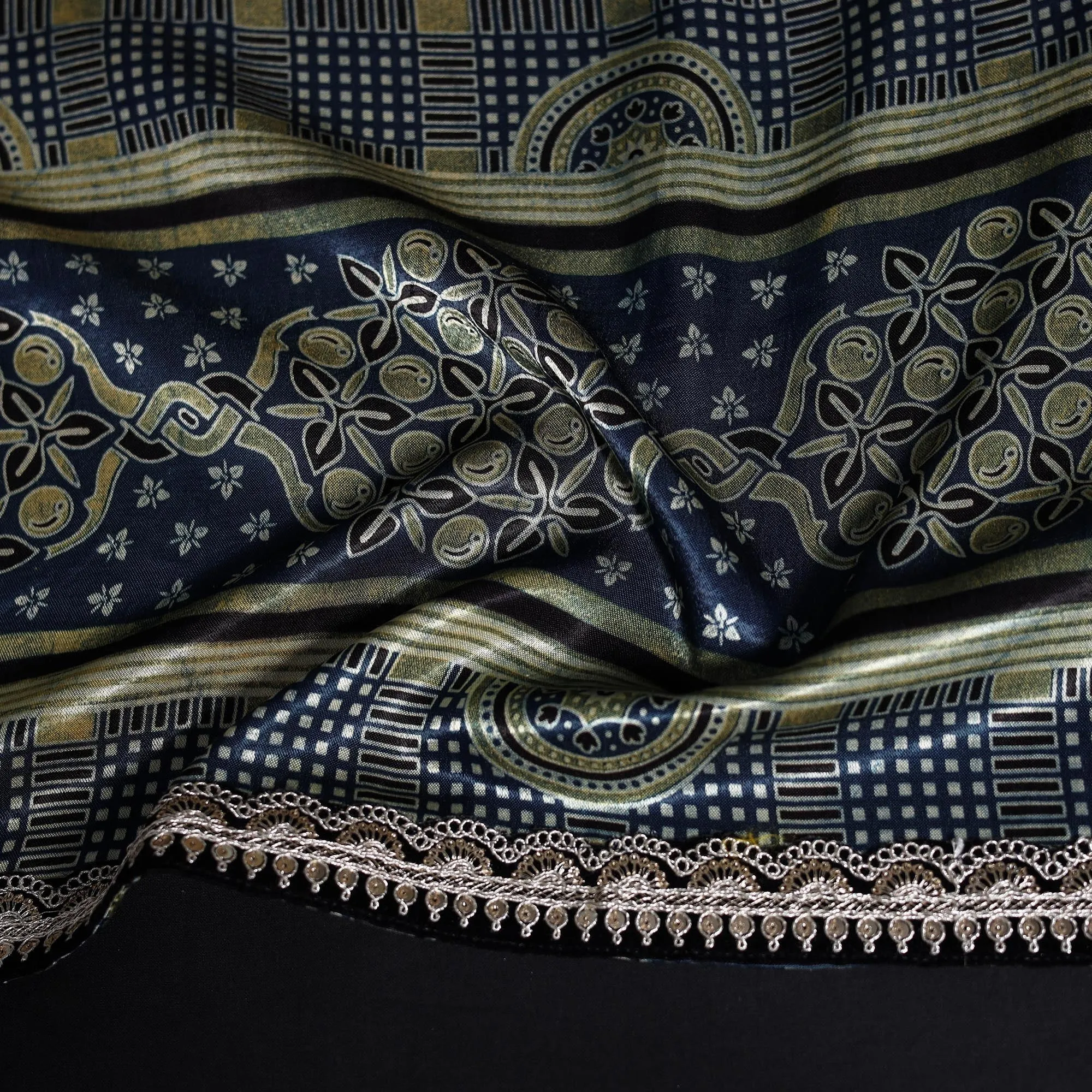 Blue - Ajrakh Block Printed Modal Silk Blouse Piece with Lace Work 29 sold by Itokri product image thumbnail 2