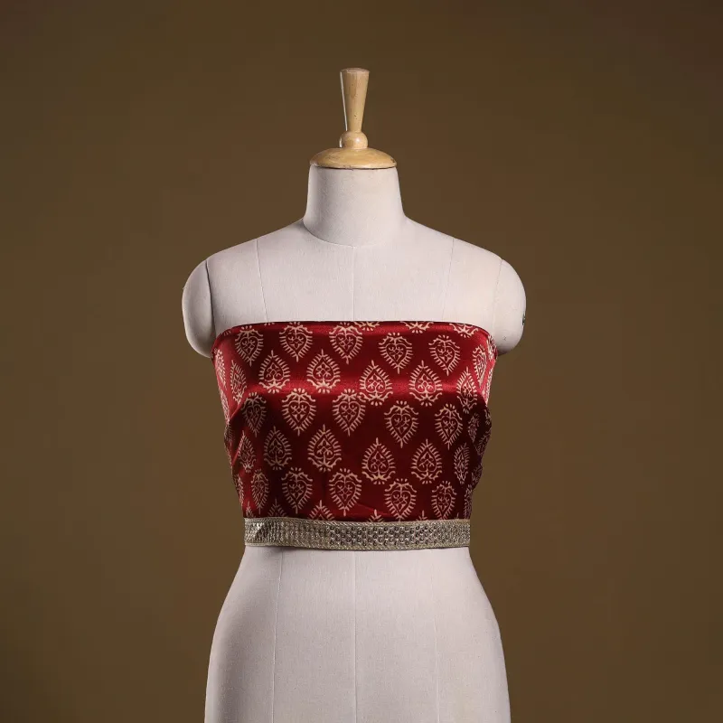 Red - Kutch Block Printed Modal Silk Blouse Piece with Lace Work 28 sold by Itokri