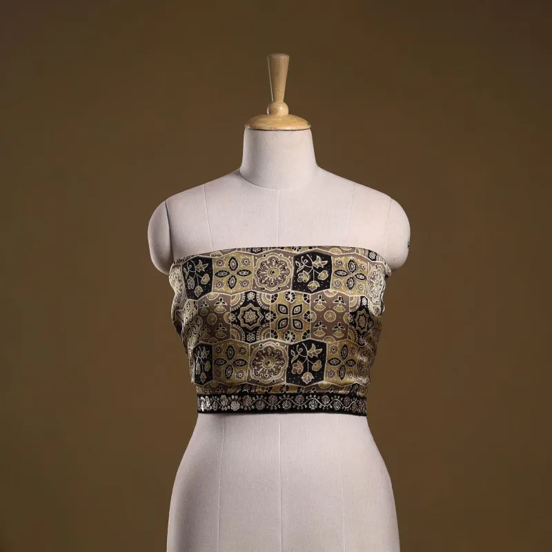 Brown - Ajrakh Block Printed Modal Silk Blouse Piece with Lace Work 27 sold by Itokri