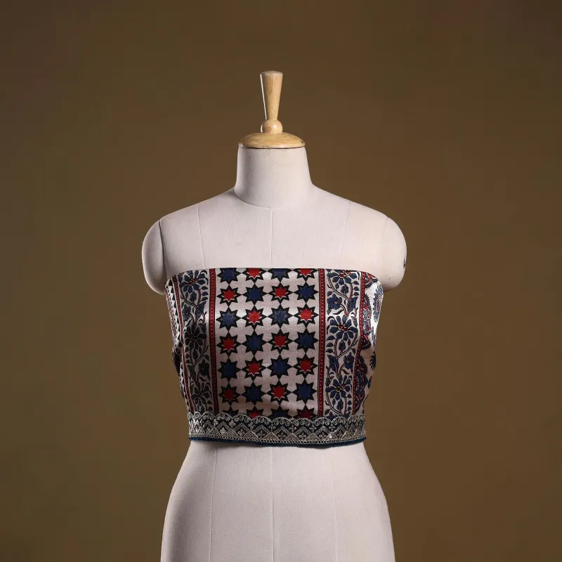 Multicolor - Ajrakh Block Printed Modal Silk Blouse Piece with Lace Work 22 sold by Itokri