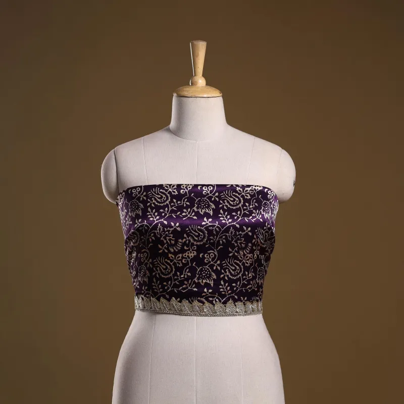 Purple - Ajrakh Block Printed Modal Silk Blouse Piece with Lace Work 21 sold by Itokri