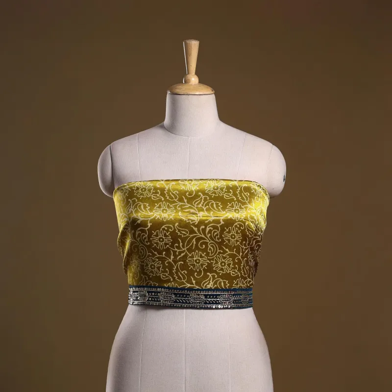 Yellow - Kutch Block Printed Modal Silk Blouse Piece with Lace Work 12 made by Itokri