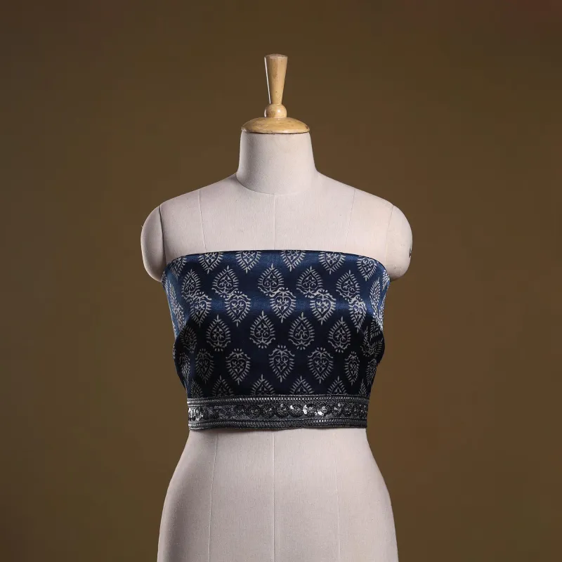 Blue - Kutch Block Printed Modal Silk Blouse Piece with Lace Work 06 sold by Itokri