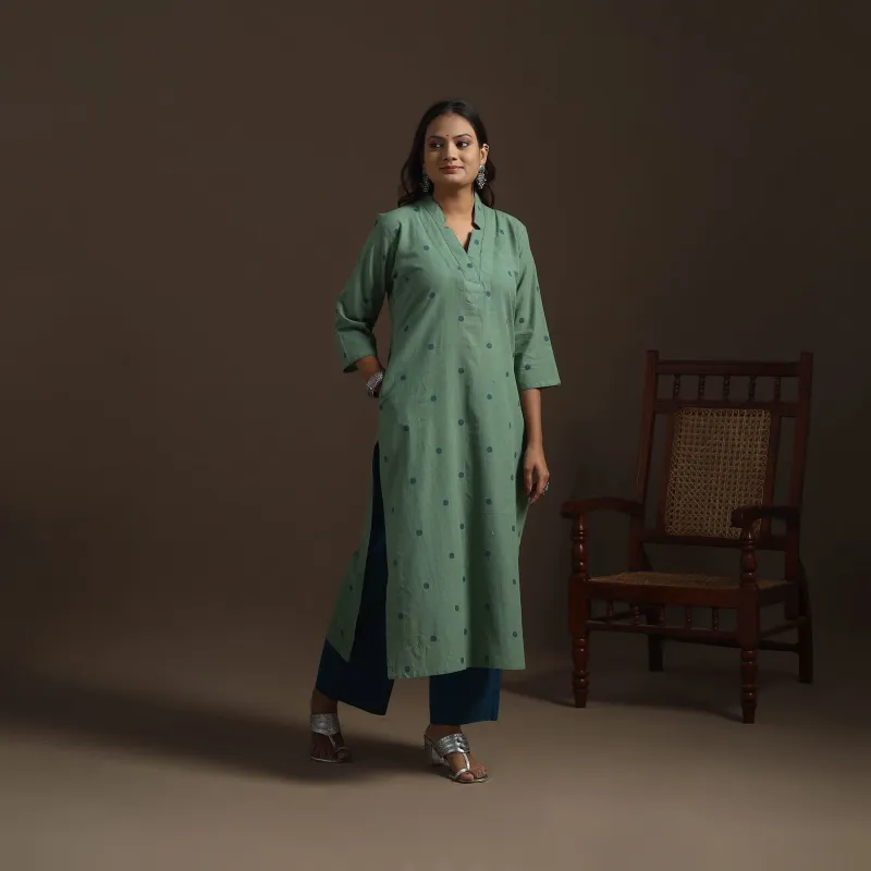 Green - Straight Cotton Hand Embroidered Jacquard Kurta for women 08 sold by Itokri