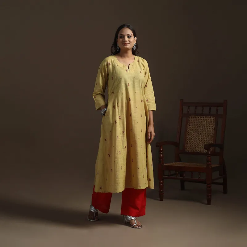 Yellow - A-Line Cotton Hand Embroidered Jacquard Kurta for women 16 sold by Itokri