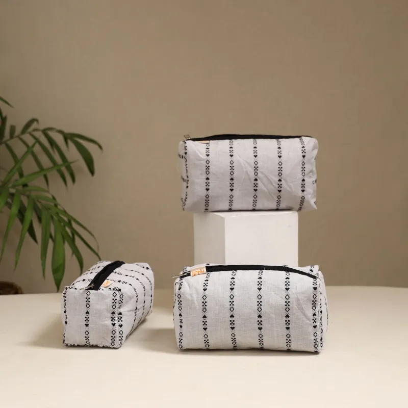White - Handcrafted Fabric Toiletry Bags (Set of 3) 06 sold by Itokri
