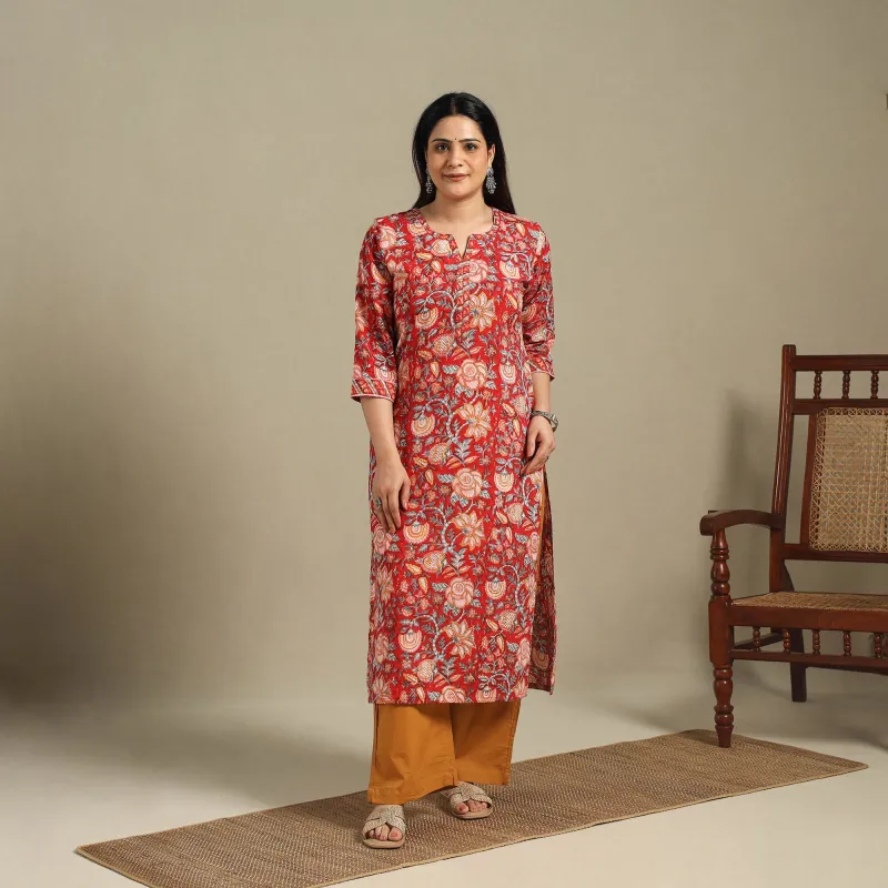 Red - Block Print Cotton Straight Sanganeri Kurta 01 sold by Itokri
