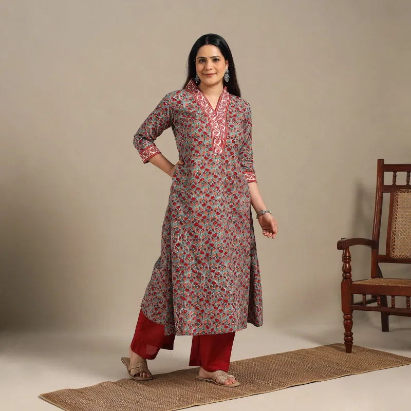 Grey - Block Print Cotton A-Line Sanganeri Kurta 12 sold by Itokri