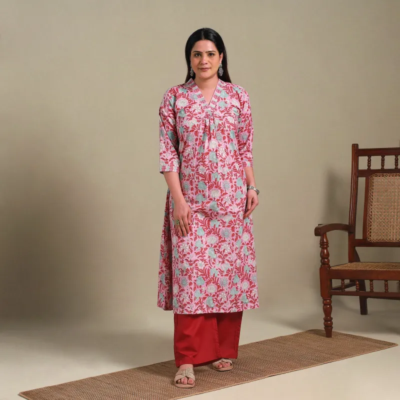Pink - Block Print Cotton A-Line Sanganeri Kurta 03 sold by Itokri