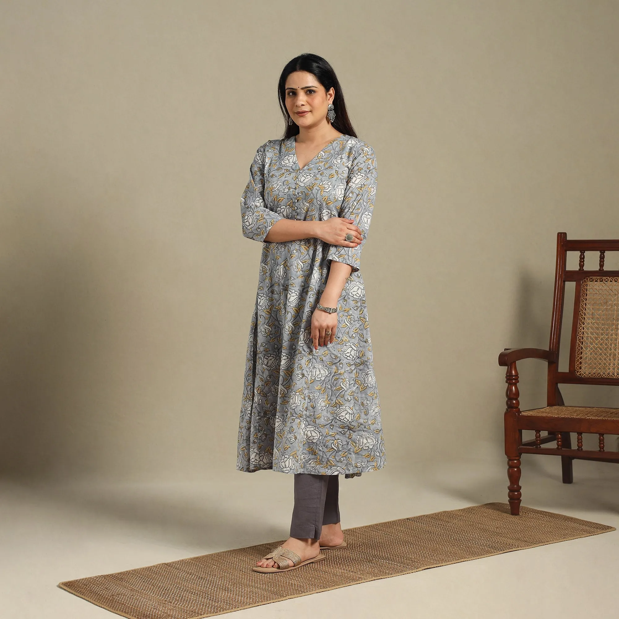 Grey - Block Print Cotton A-Line Sanganeri Kurta 10 sold by Itokri product image thumbnail 3