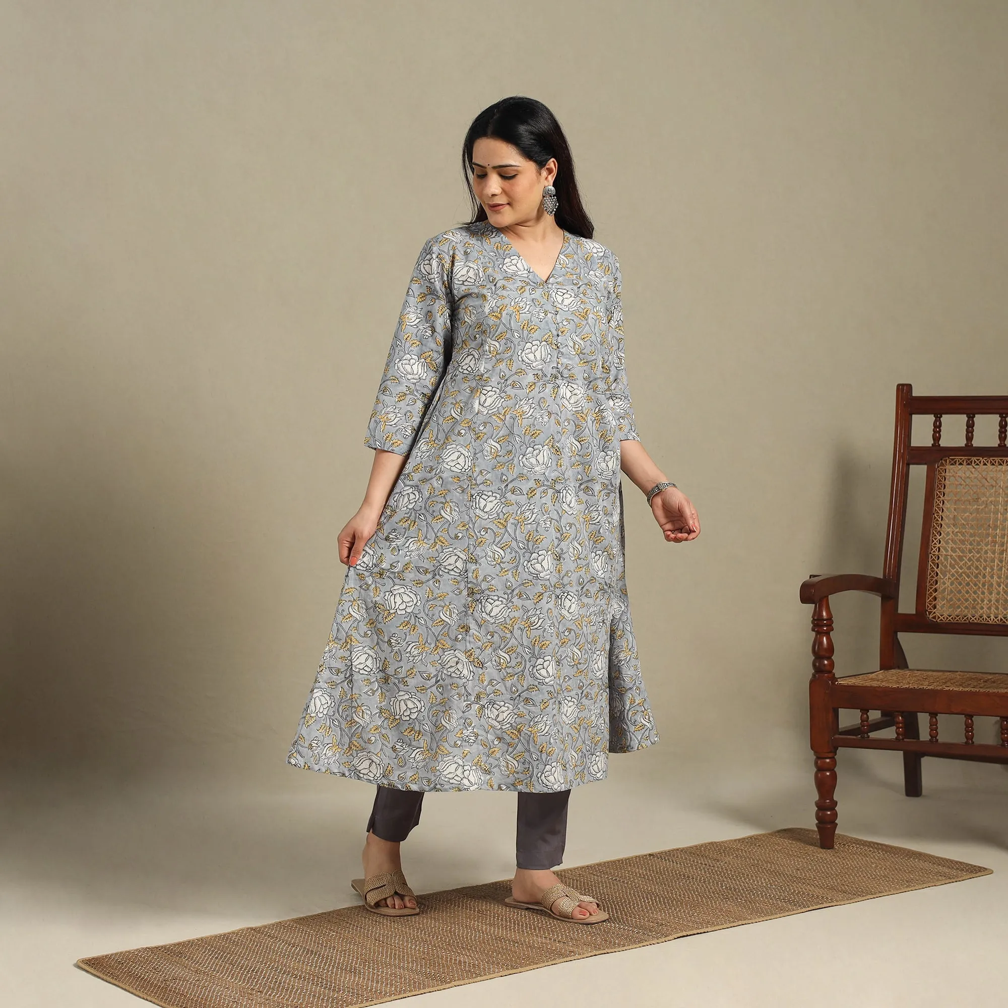 Grey - Block Print Cotton A-Line Sanganeri Kurta 10 sold by Itokri product image thumbnail 2