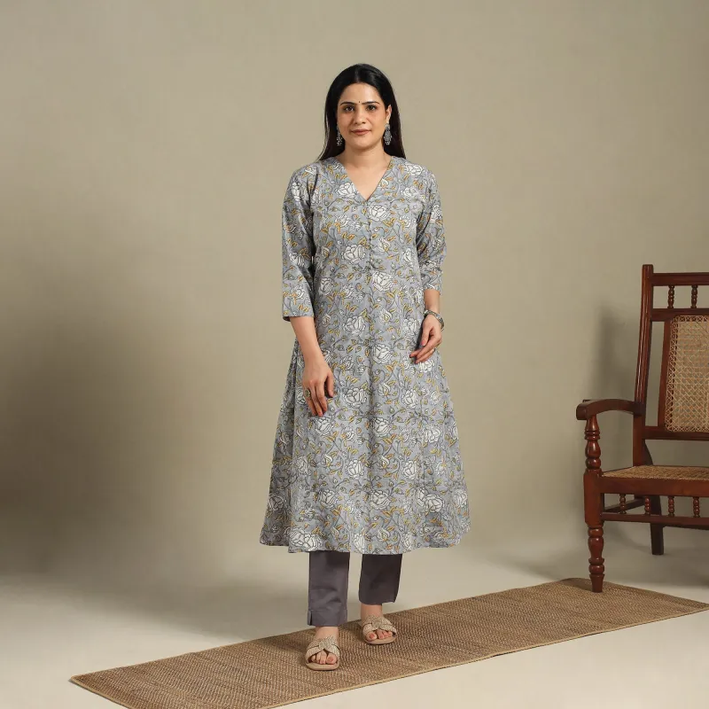 Grey - Block Print Cotton A-Line Sanganeri Kurta 10 made by Itokri