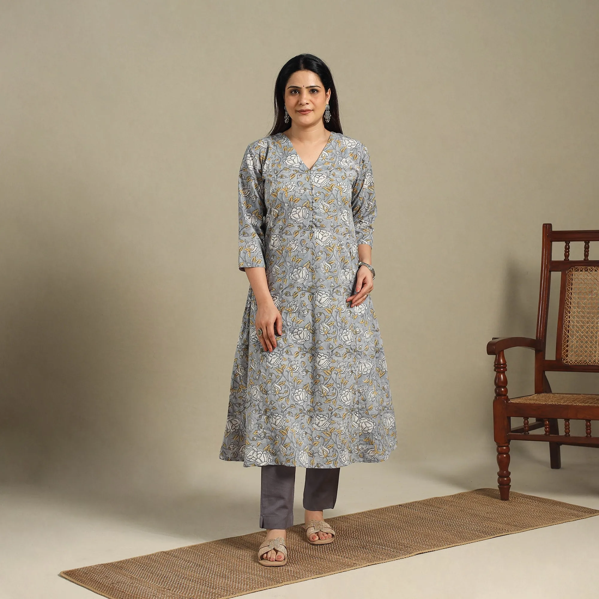 Grey - Block Print Cotton A-Line Sanganeri Kurta 10 sold by Itokri