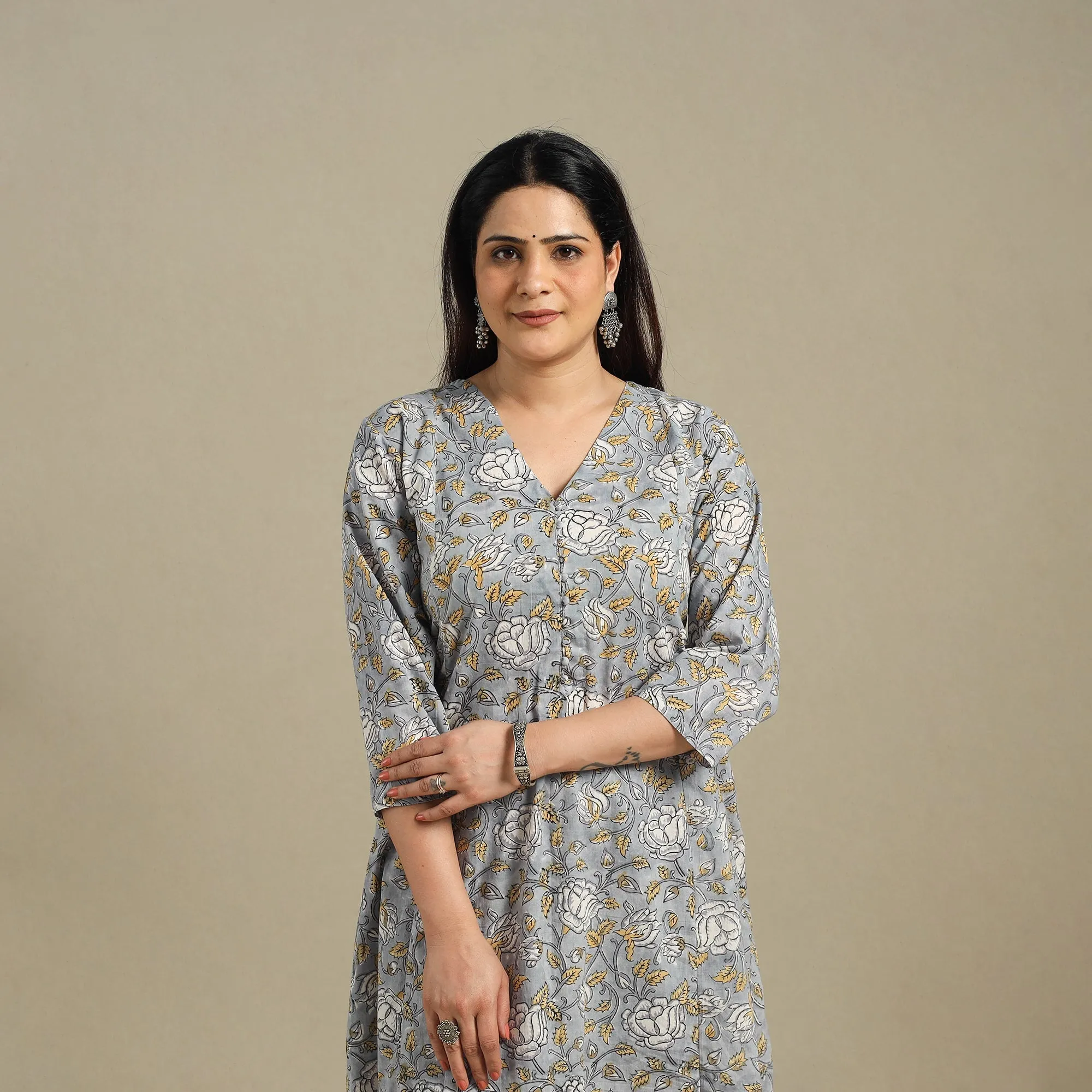 Grey - Block Print Cotton A-Line Sanganeri Kurta 10 sold by Itokri product image thumbnail 4