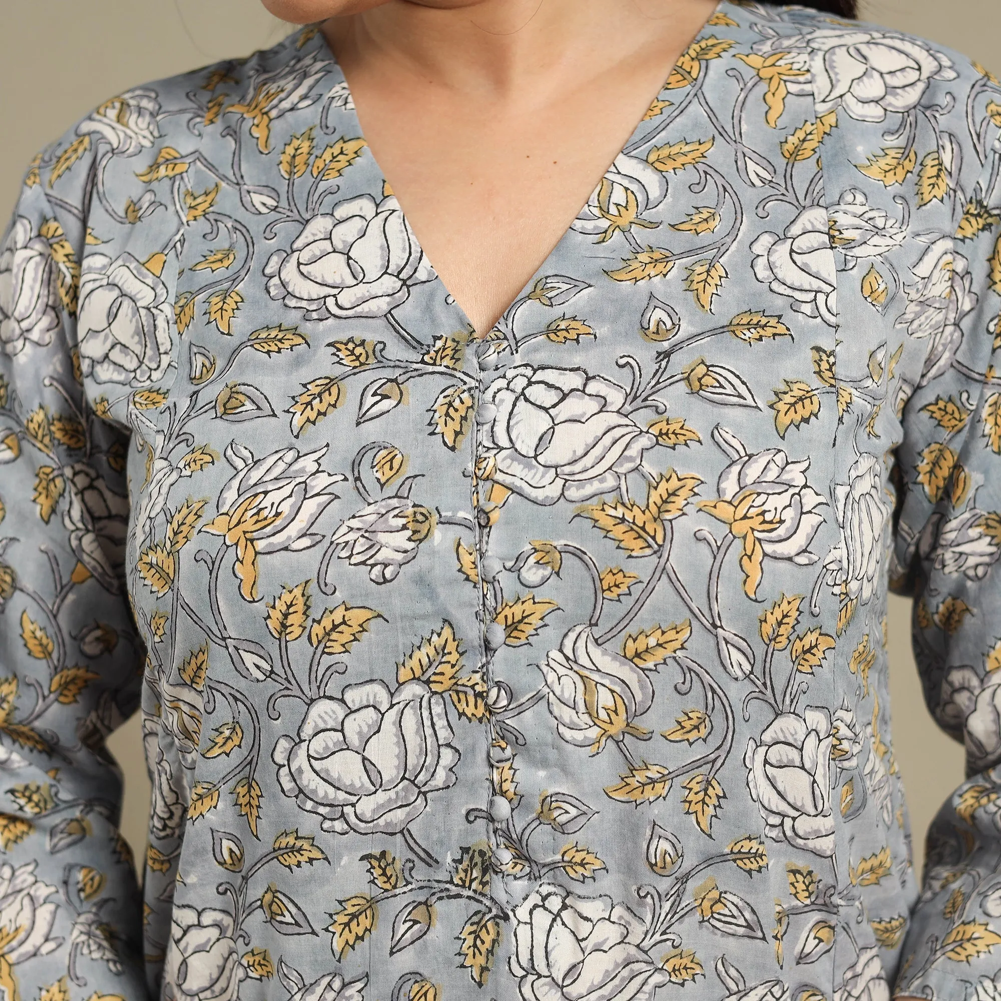 Grey - Block Print Cotton A-Line Sanganeri Kurta 10 sold by Itokri product image thumbnail 5