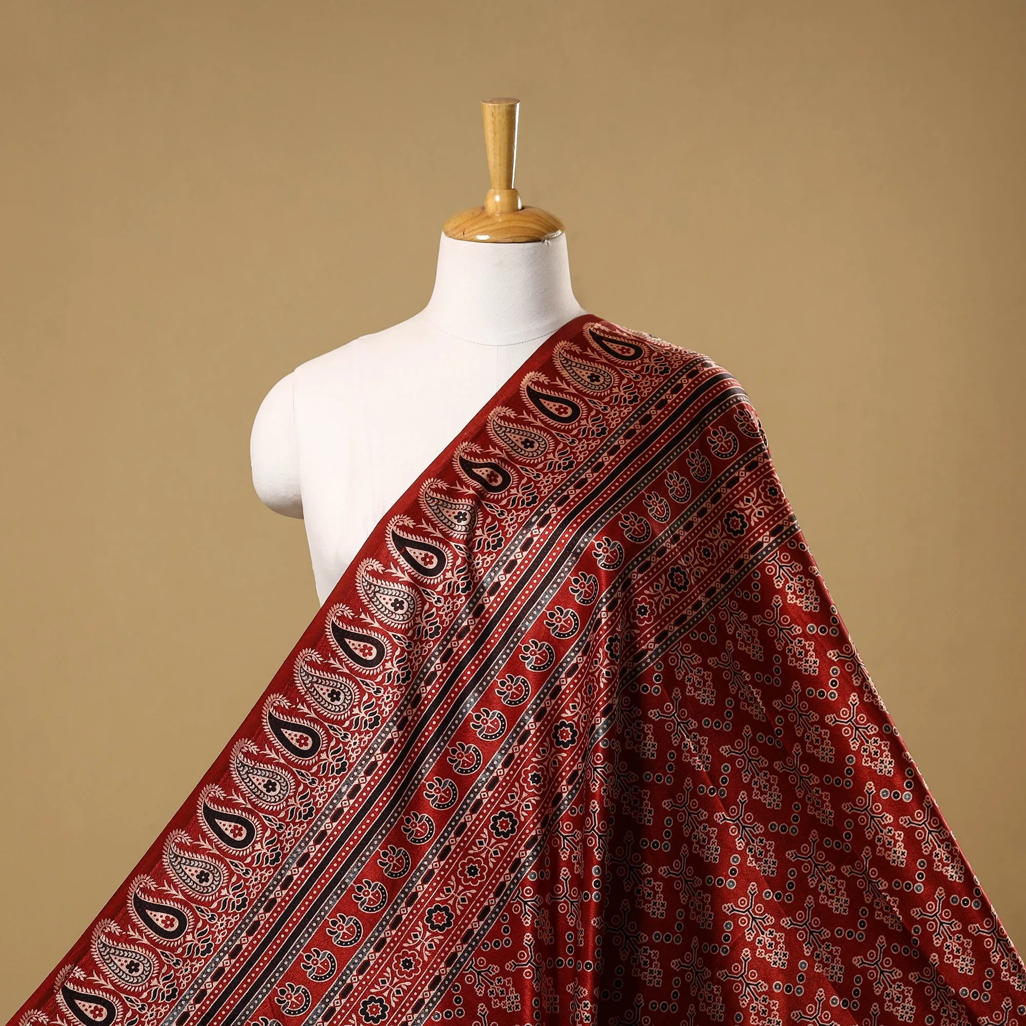 Red - Mashru Silk Natural Dyed Block Print Ajrakh Fabric 16 sold by Itokri