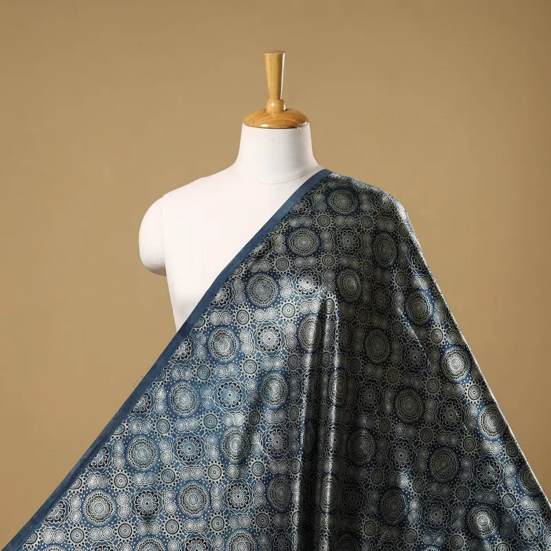 Blue - Mashru Silk Natural Dyed Block Print Ajrakh Fabric 05 sold by Itokri