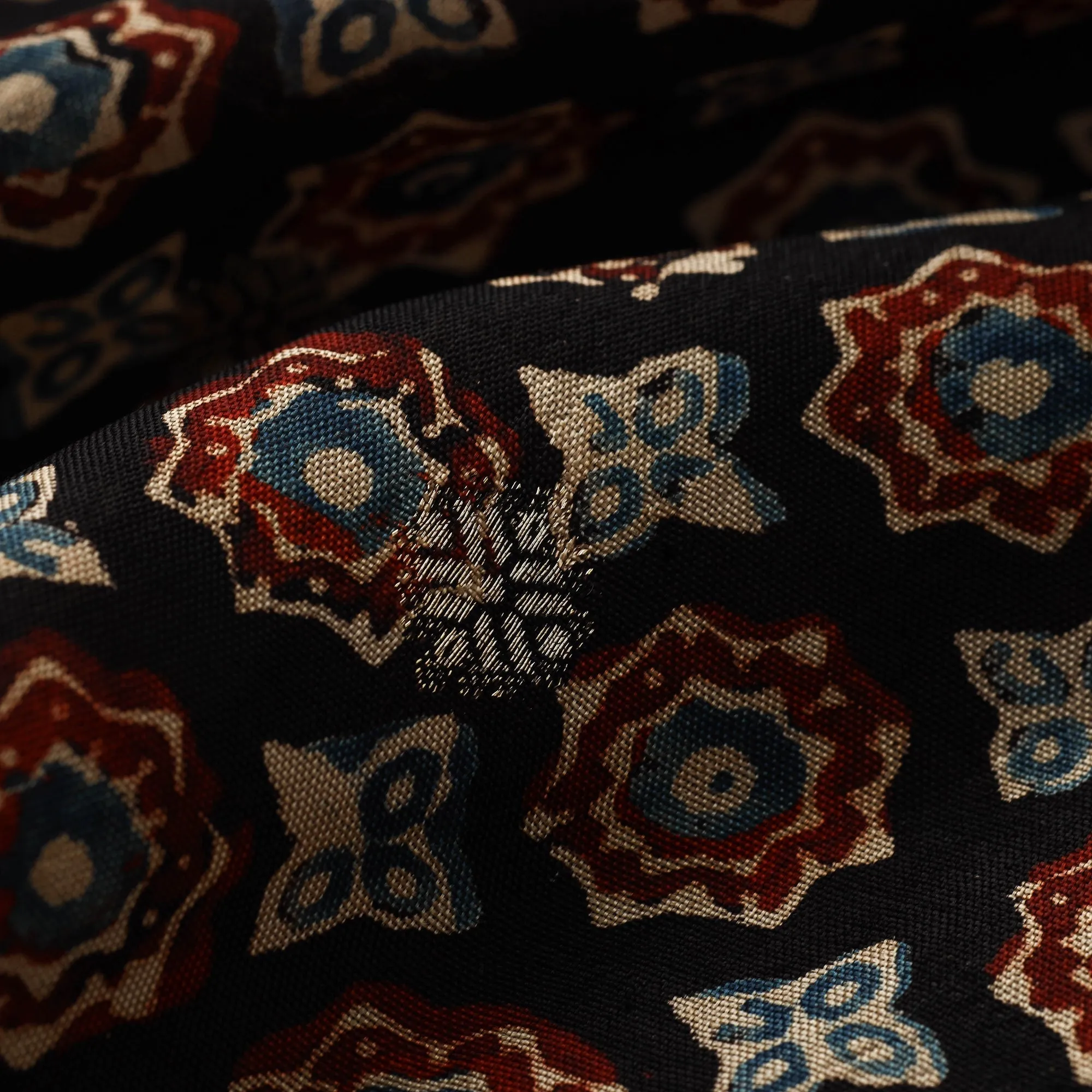 Black - Block Print Natural Dyed Dola Silk Jacquard Buti Ajrakh Fabric 06 sold by Itokri product image thumbnail 4