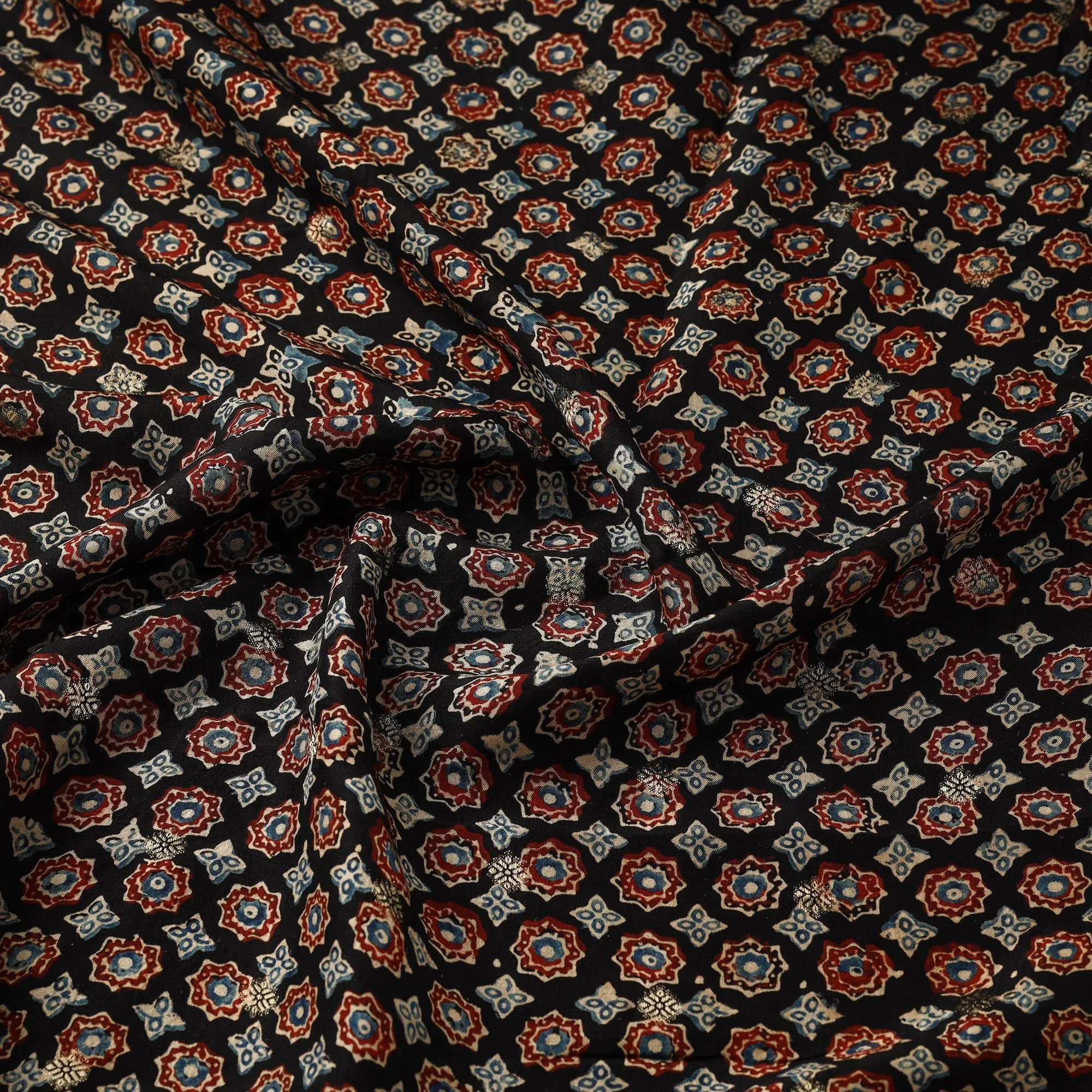 Black - Block Print Natural Dyed Dola Silk Jacquard Buti Ajrakh Fabric 06 sold by Itokri product image thumbnail 3