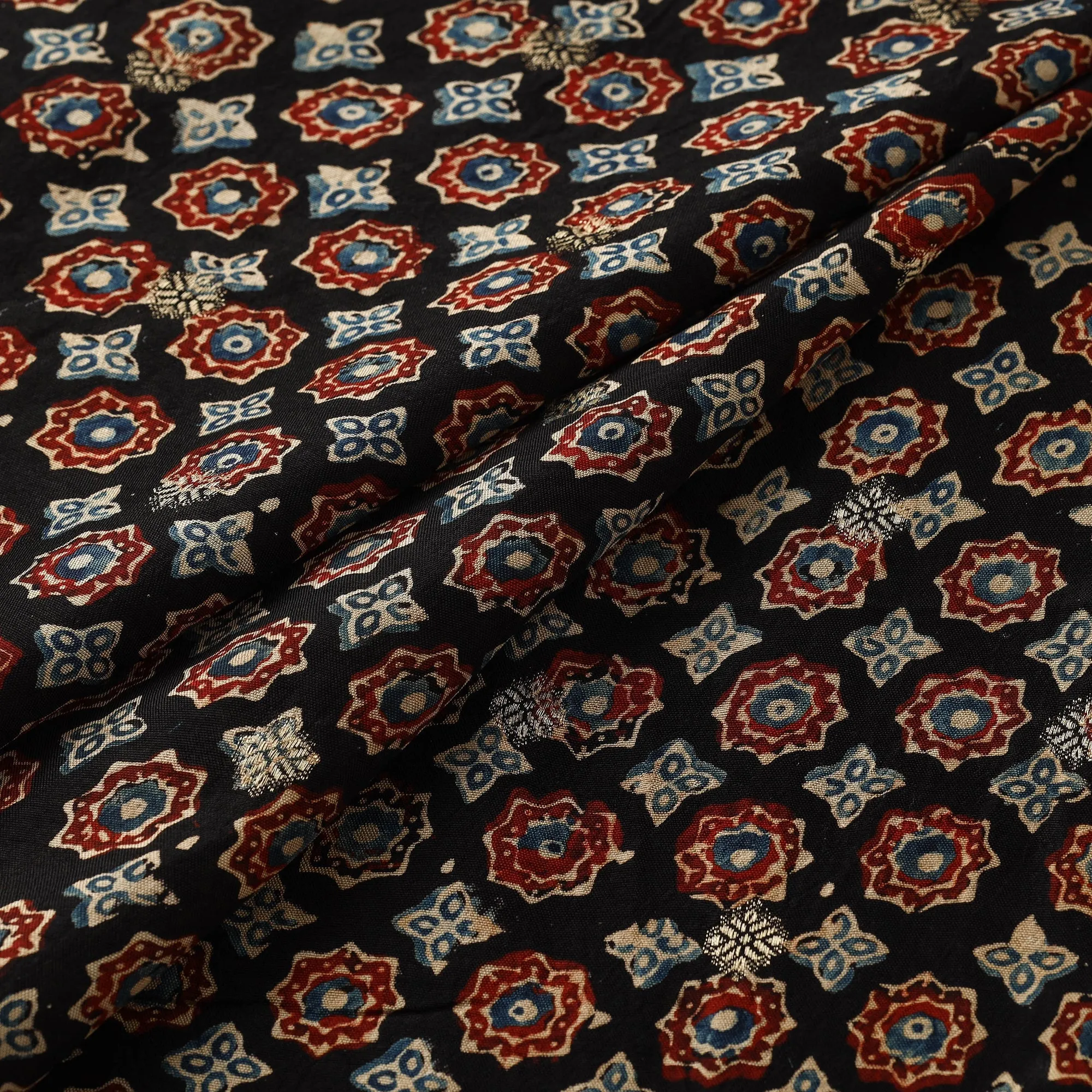 Black - Block Print Natural Dyed Dola Silk Jacquard Buti Ajrakh Fabric 06 sold by Itokri product image thumbnail 2