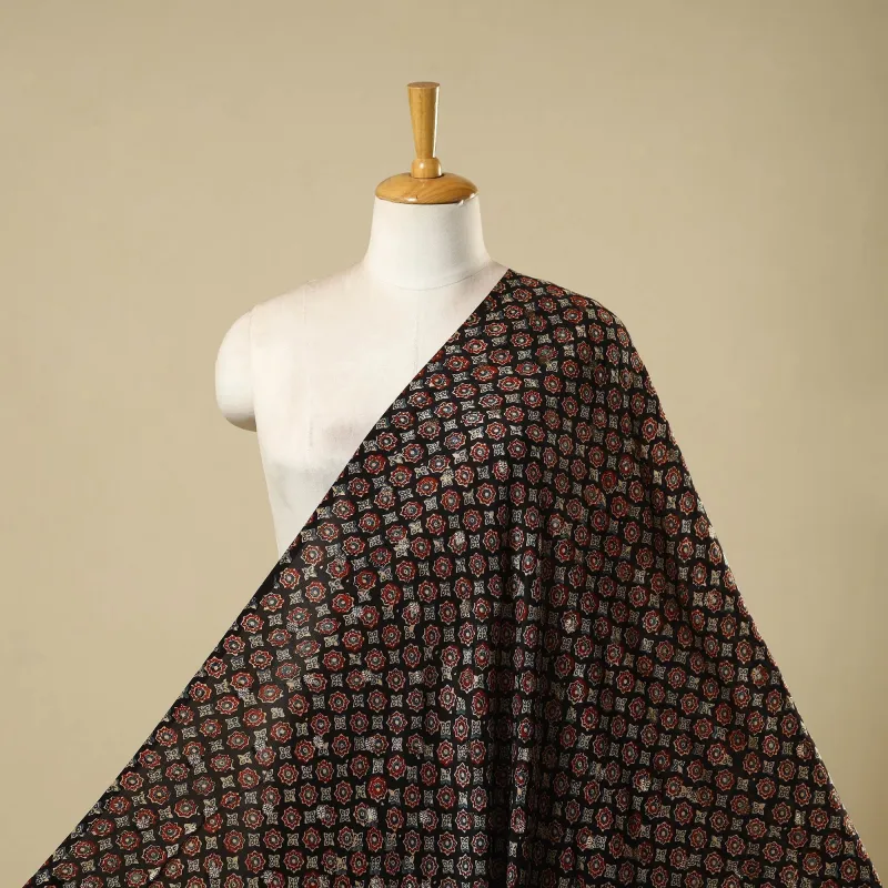 Black - Block Print Natural Dyed Dola Silk Jacquard Buti Ajrakh Fabric 06 sold by Itokri