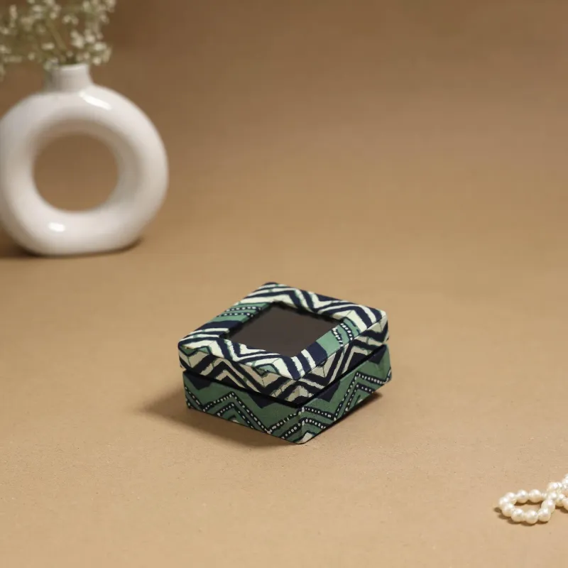 Green - Handcrafted Printed Fabric Ring/Earring Box 26 sold by Itokri