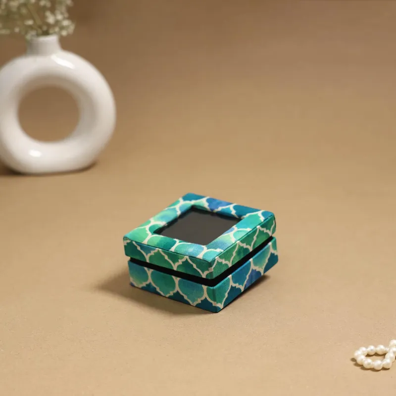 Green - Handcrafted Printed Fabric Ring/Earring Box 33 sold by Itokri