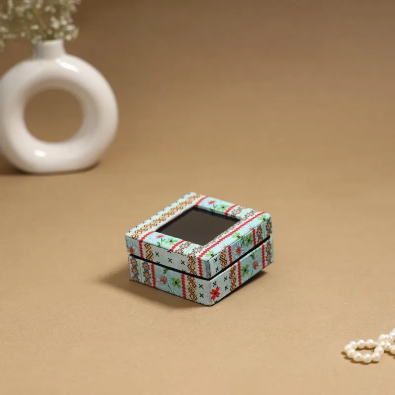 Blue - Handcrafted Printed Fabric Ring/Earring Box 53 made by Itokri