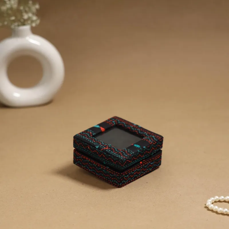 Black - Handcrafted Bengal Kantha Work Fabric Ring/Earring Box 68 sold by Itokri