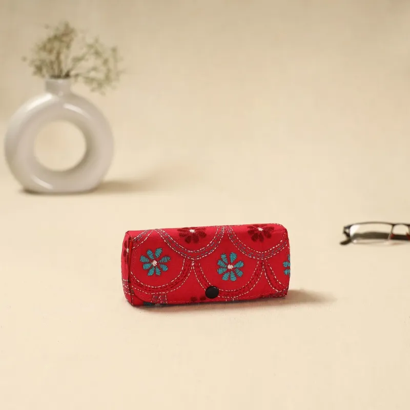 Red - Handcrafted Bengal Kantha Work Spectacle Case 12 made by Itokri