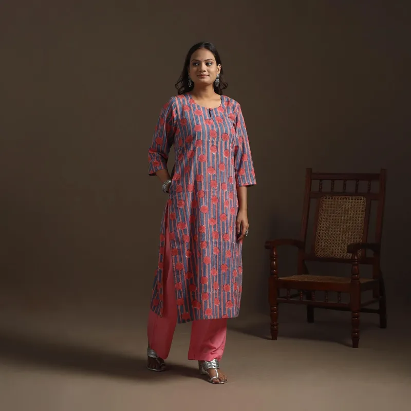 Pink - Hand Block Print Cotton Straight Sanganeri Kurta for women 07 sold by Itokri
