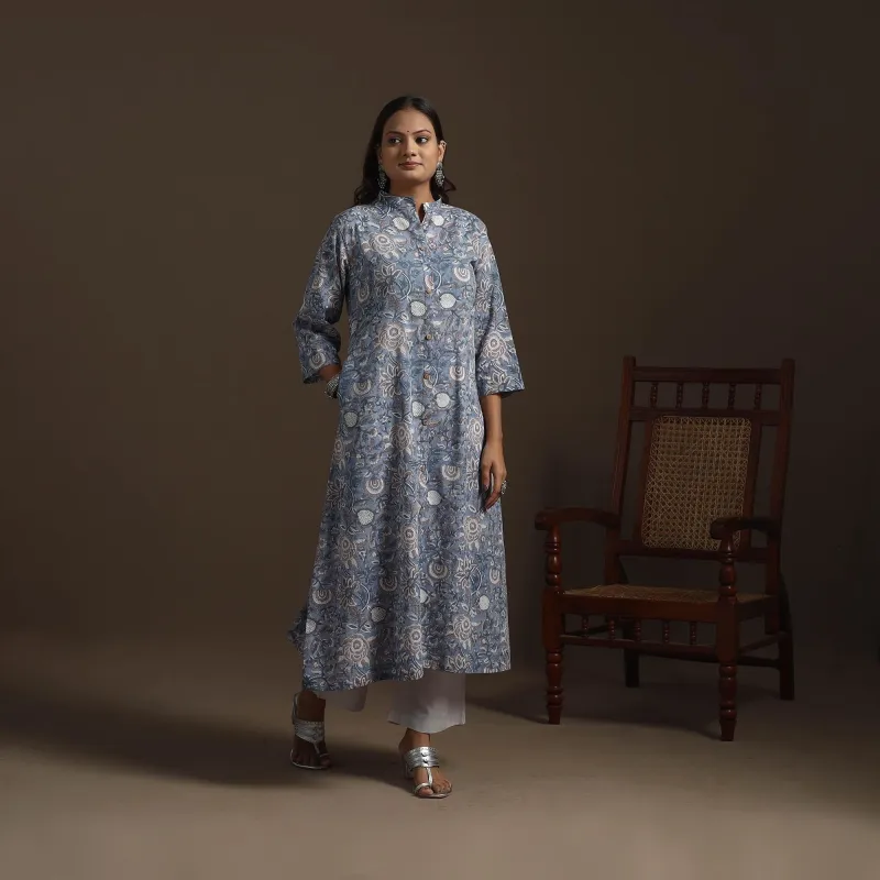Blue - Hand Block Print Cotton A-Line Sanganeri Kurta for women 05 sold by Itokri
